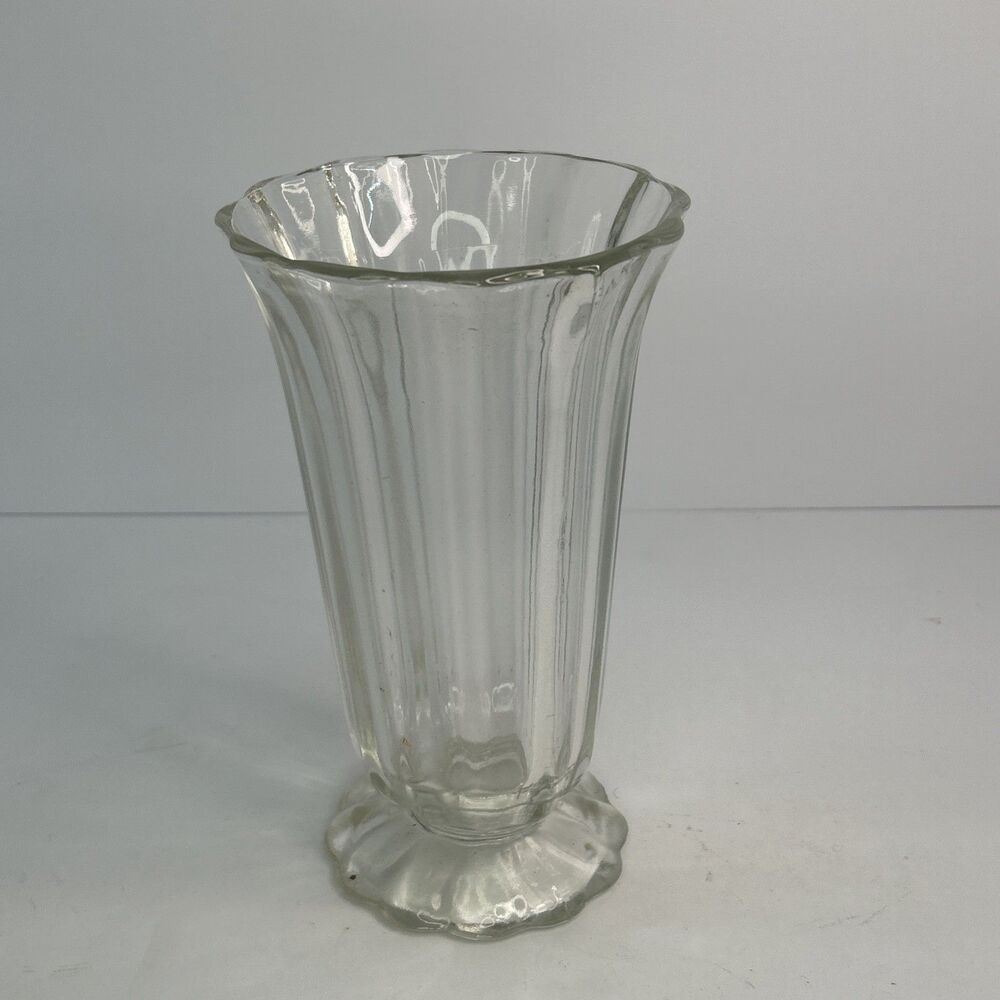 Vintage 1940s Clear Pressed Glass Paneled Vase Scalloped Rim Footed 8"